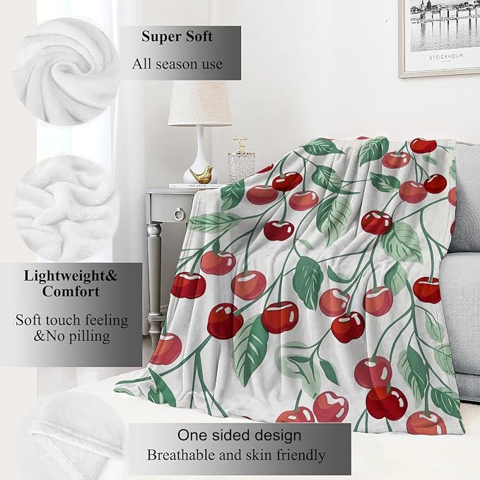 Cherry Blanket Fresh Red Fruit Throw Blankets with Green Leaves,Birthday Gifts for Kids Adult Women,Lightweight Soft Fleece,for Sofa Couch Bed Room Farmhouse Summer Decor 60x80in