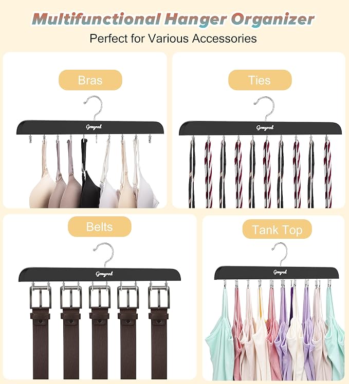 Gomyrod Bra Hanger for Closet, 1 Pack Tank Top Hanger w/20 Hooks Capacity Foldable Wood Space Saving Hangers, 360°Rotating Closet Organizers and Storage for Dorm & Apartment for Bra Scarf Ties(Black)
