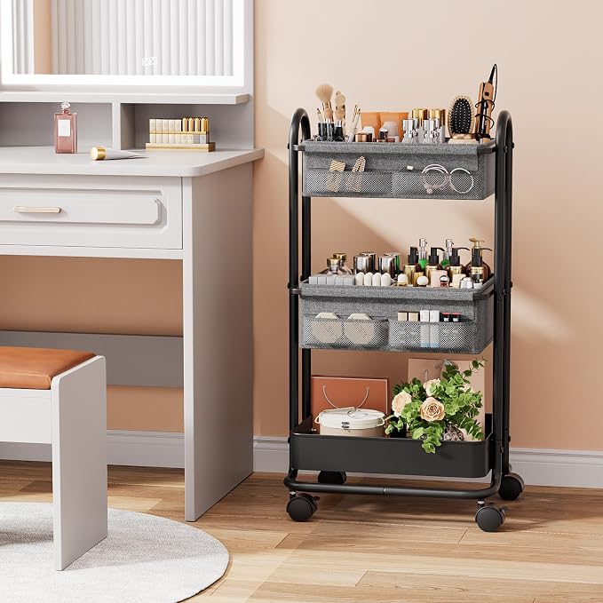 Modanais Baby Diaper Caddy Organizer Cart - 3 Tier Rolling Storage Cart with Wheels, Baby Essentials for Nursery Storage, Detachable Dividers - for Crib, Bedroom, Art & Craft Organizer (Black)