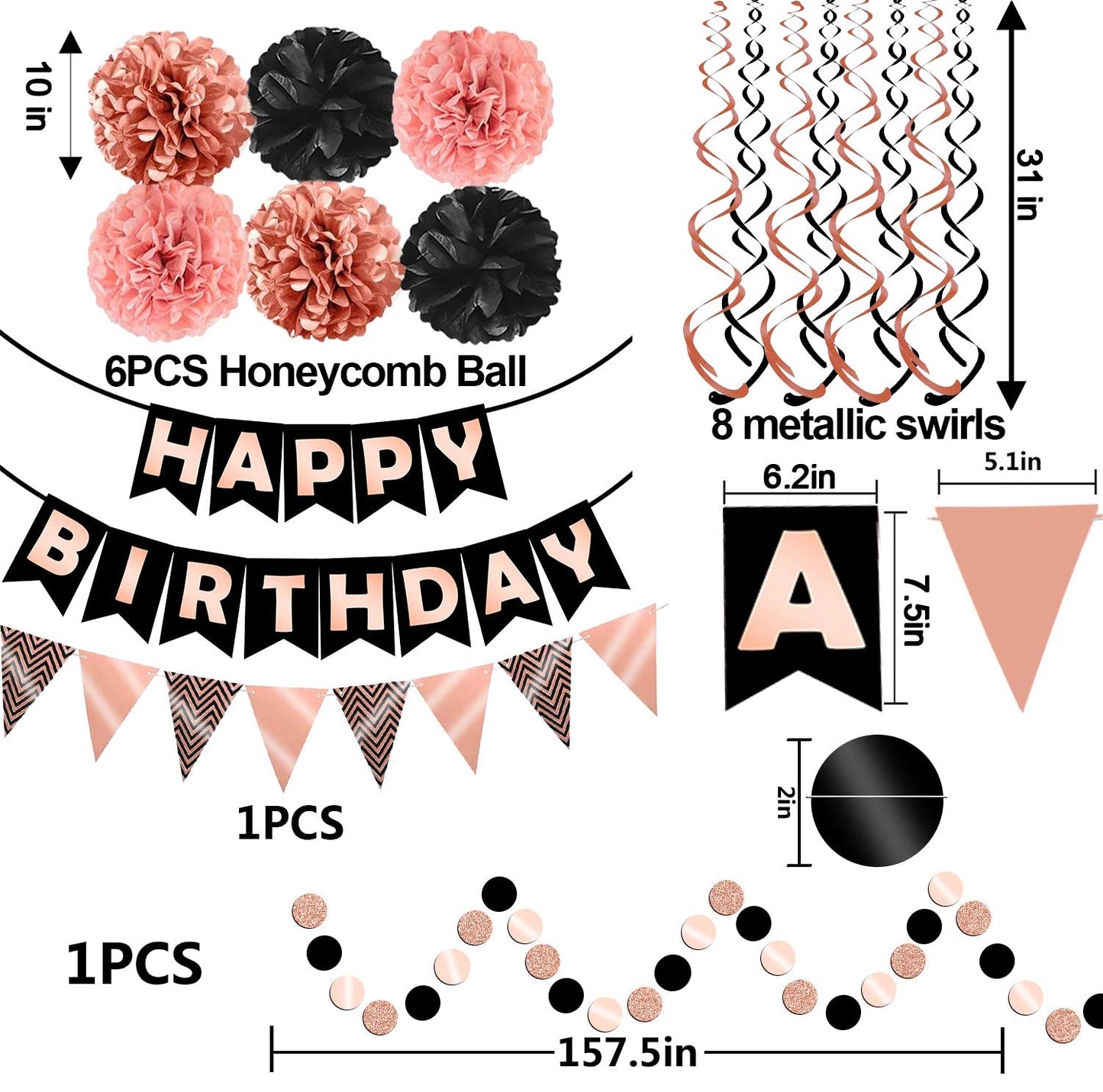 FECEDY Rose Gold Black Theme Happy Birthday Banner Flag Bunting Paper Circle Confetti Garland Swirl Streamers Honeycomb Ball for Birthday Party Decoration