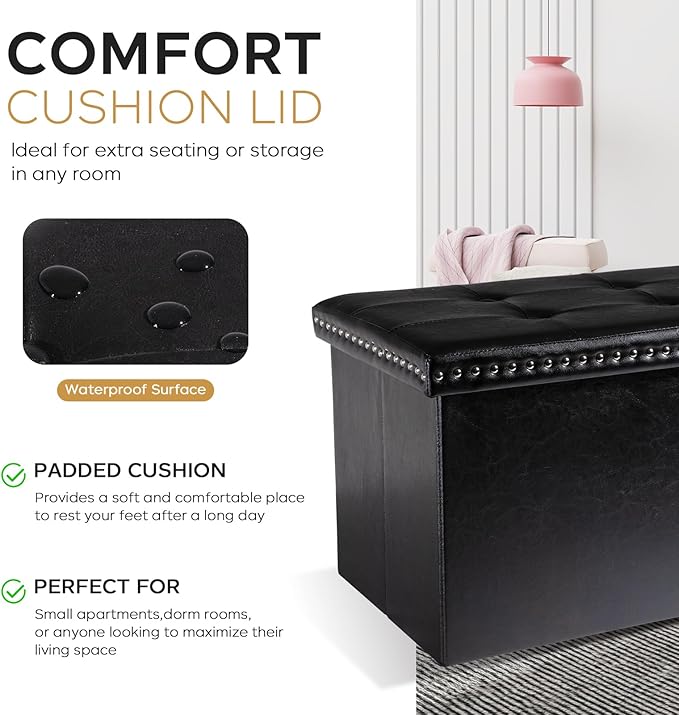 oakvivo Folding Storage Ottoman Bench 30in, Leather Foot Rest Stools Ottoman with Storage, Coffee Table, End of Bed Bench Footstool for Living Room, Bedroom, Load 330 lb, 30x15x15 inches, Black