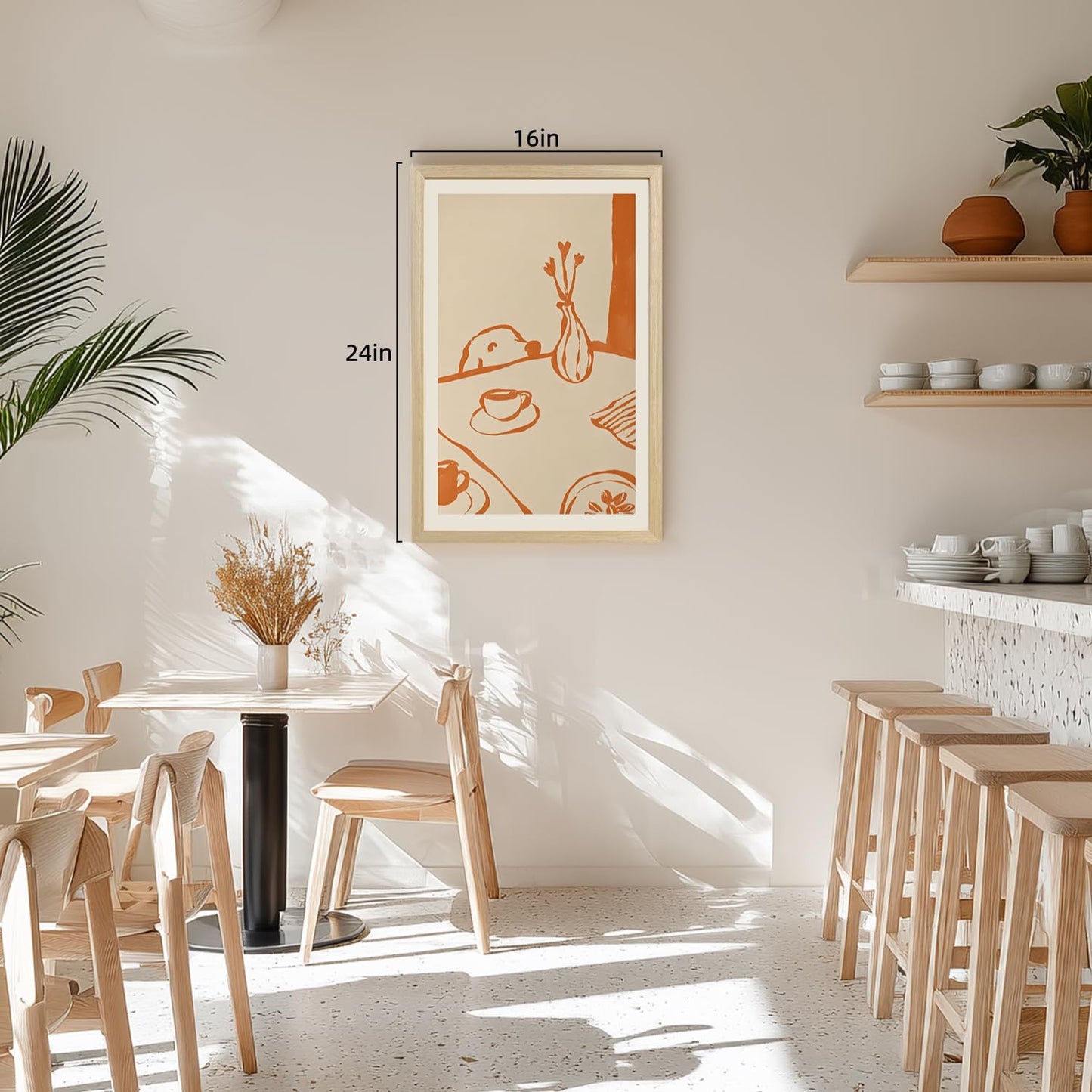 Msziryn Wood Framed Minimalist Coffee Wall Art, Brown Line Drawing Kitchen Wall Decor, Scandinavian Still Life Poster Print, Modern Coffee Dog Artwork for Dining Room Office Wood Framed 12x16 Inch