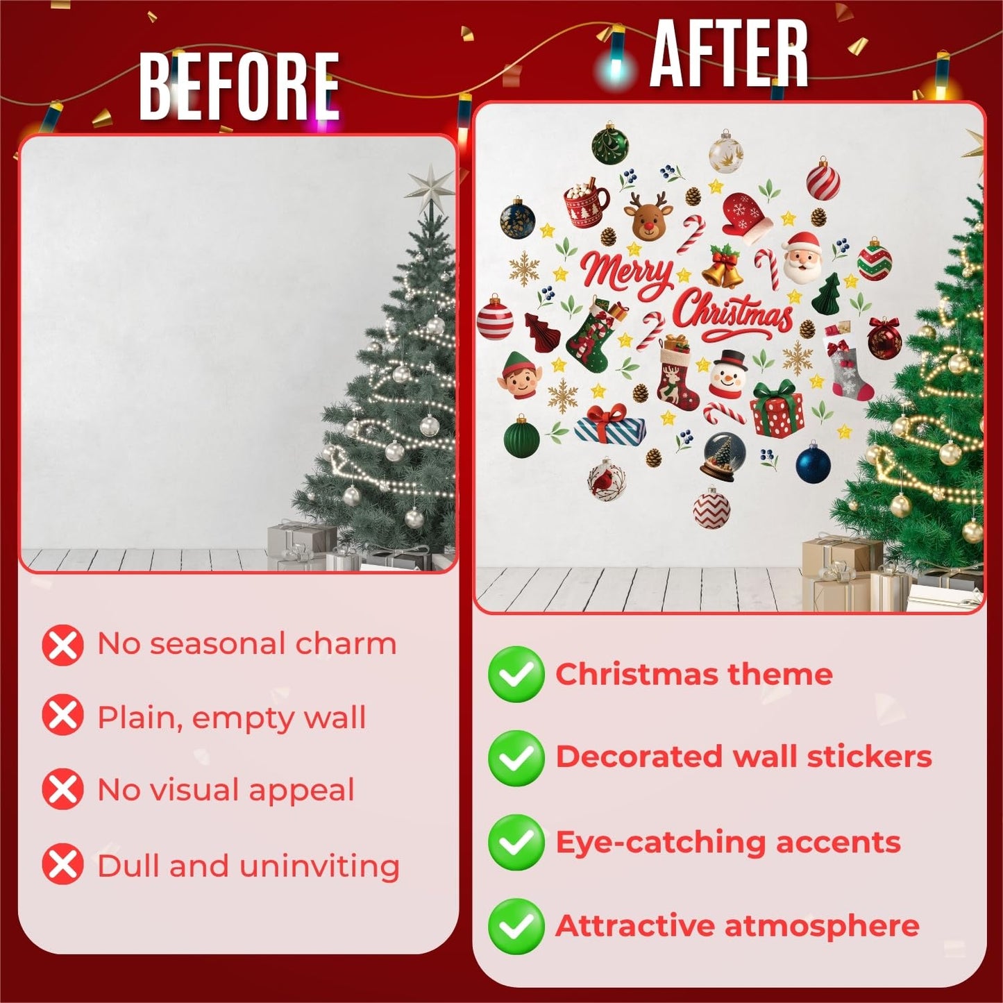 WALPLUS Christmas Decorations for Home Indoor Wall Stickers Wall Murals Decals Living Room Children Nursery Restaurant Cafe Hotel Home Decor Holly Jolly