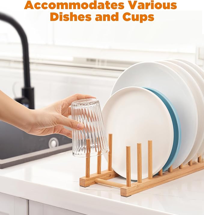 Bamboo Dish Drying Rack, 2 Pack Wooden Storage Holder Organizer for Plate/Bowl/Cup/Book/Pot/Lid/Cutting Board Drying Rack Stand Holder