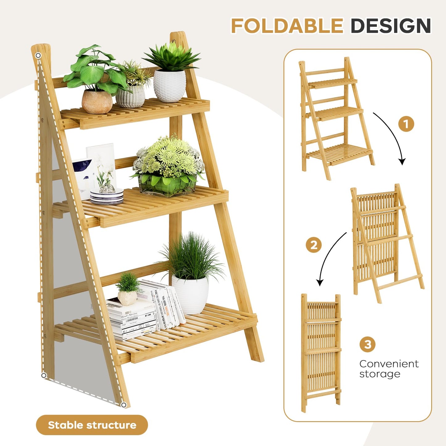 Foldable Ladder Shelf 39.4", Plant Shelf 3 Tier, Bamboo Ladder Flower Pot Display Shelf, Freestanding Ladder Bookshelf for Living Room, Balcony, Yard, Garden, 23.6"W x 15"D x 39.4"H, Natural