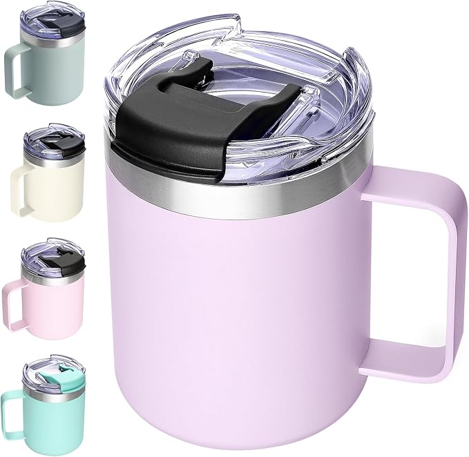 12oz Insulated Coffee Mug Cup with Handle, Stainless Steel Travel Coffee Mug with Flip Lid, Double Wall Vacuum Coffee Tumbler,Lavender