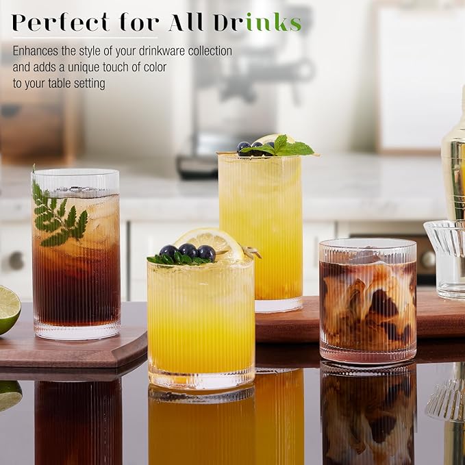 Ribbed Glass Cups Set of 8 - 4 Large Capacity Highball Glasses 17oz, 4 Rocks Glass Cups 12oz, Cocktail Glasses, Drinking Glasses Ideal for Beer, Juice, Water, Ice Coffee Cup, Whiskey, Mixed Drinkware