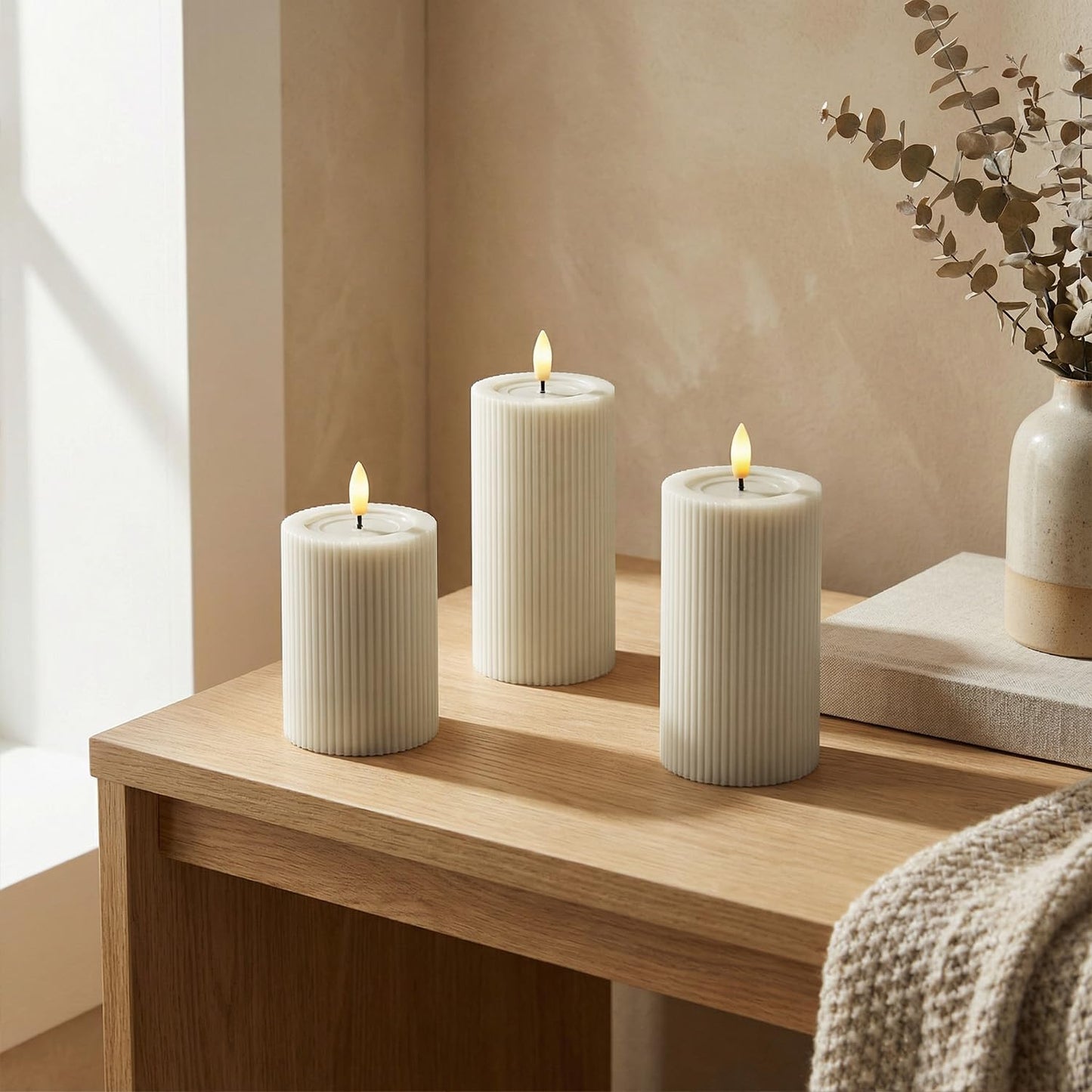 West Ivory Fluted Ribbed LED Pillar Candles, Cream Beige, with Reflective Melted-Wax Effect – Flickering Flame, Remote, Dimmable, Flameless, Battery Operated, Home & Wedding Decor (Set of 3)