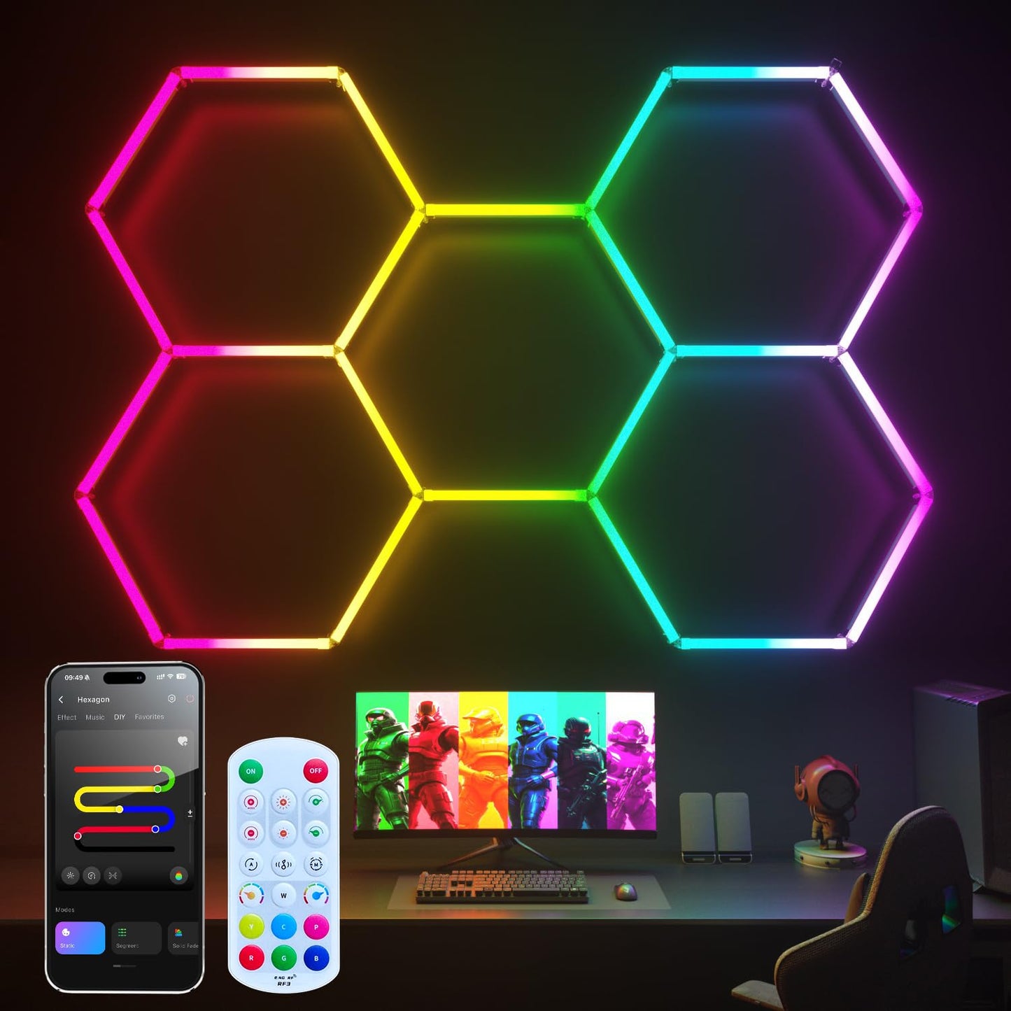 Litezone RGB Hexagon Garage Lights, Music Sync LED Hexagon Lights for Gaming Room, Smart App & Remote Control, DIY Honeycomb Ceiling Light for Studio Gym Basement Deco