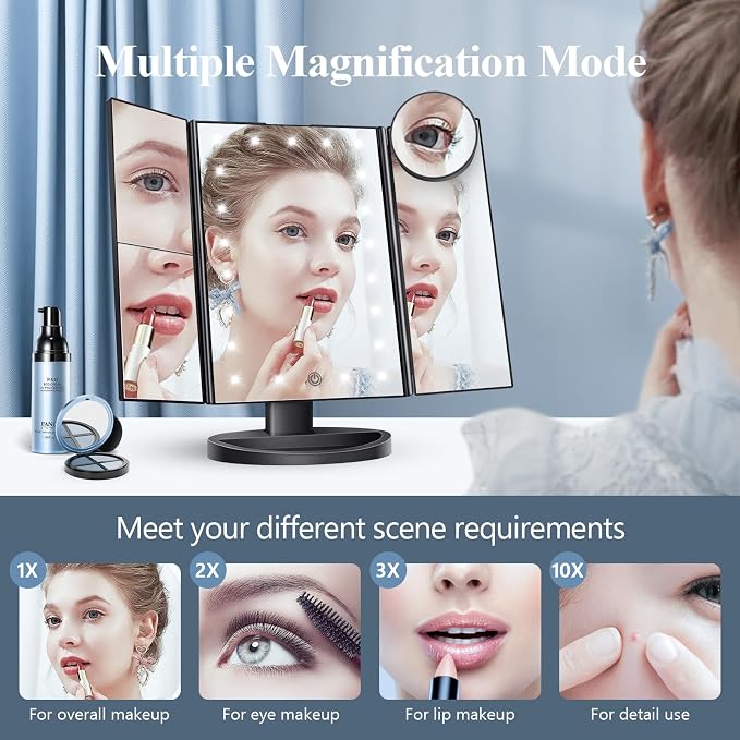 HUONUL Makeup Mirror, Vanity Mirror with Lights, 2X/3X/10X Magnification, Touch Control, Trifold, Dual Power Supply, Birthday Gifts for Women, Wife, Mom, Girls,Dorm Room Essentials