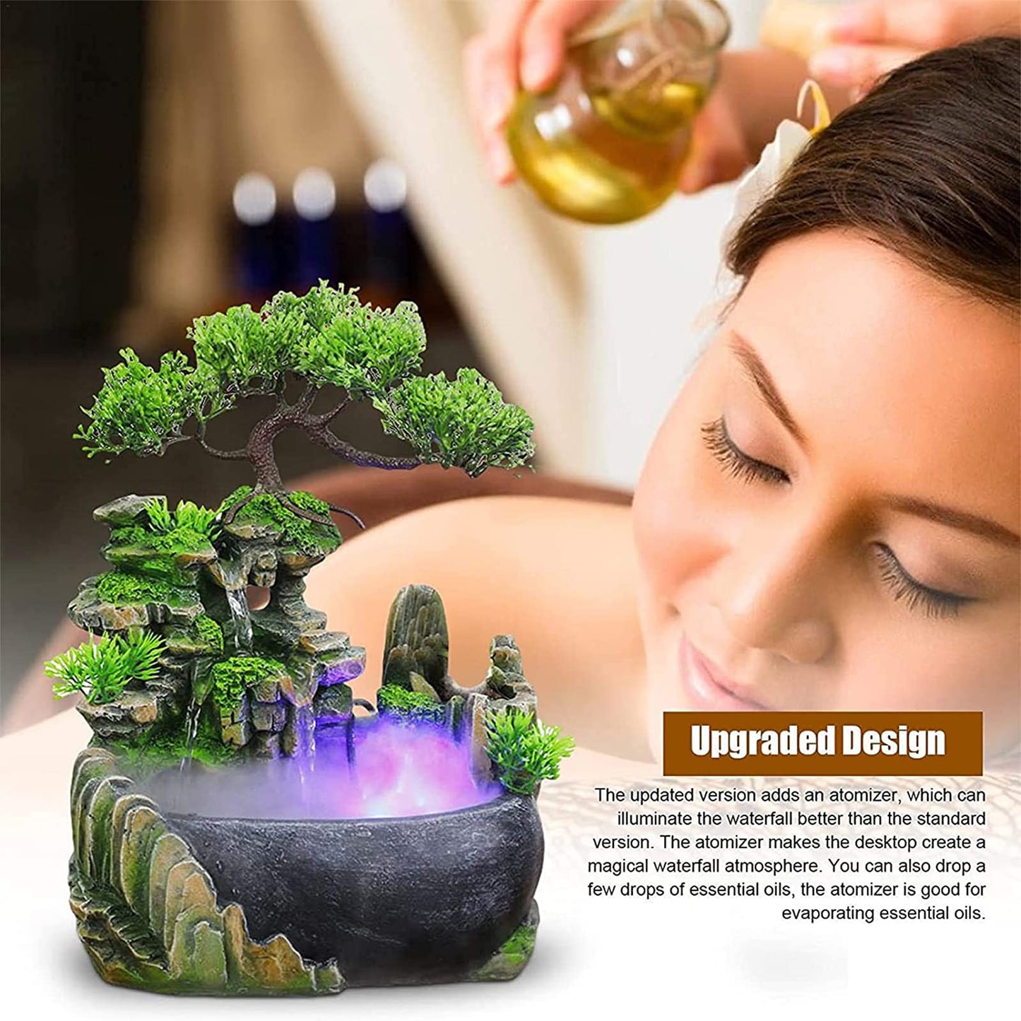 Rockery Stream Tabletop Fountain, Zen Meditation Indoor Waterfall Feature with Automatic Pump and Switch, Desktop Fountain for Home Office Bedroom Decoration (A)