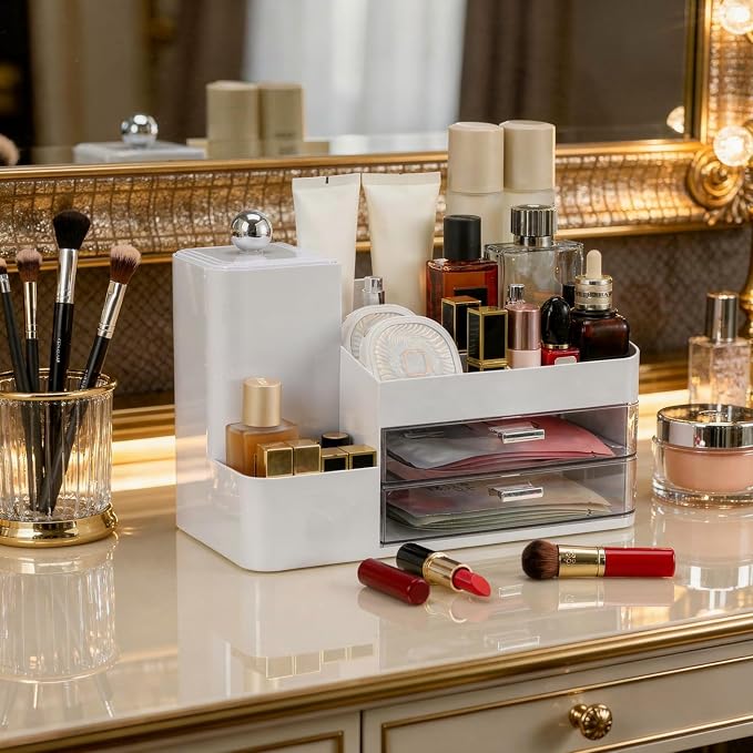 Large Makeup Organizer Countertop with Drawers, Make Up Organizer for Vanity, Makeup Storage Organizer Countertop Makeup Organizers for Skincare (Style2-White)
