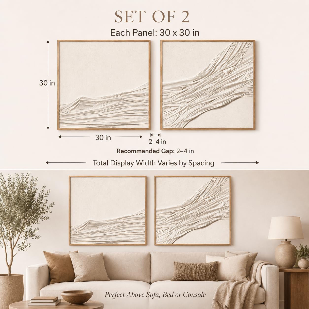 Artists' 3D Textured Wall Art Set of 2, Large White Beige Abstract Wall Decor, Handcrafted Fabric Textured Framed Artwork for Living Room Bedroom Office, Neutral Modern Boho Wall Art, 30x30 Inch x 2