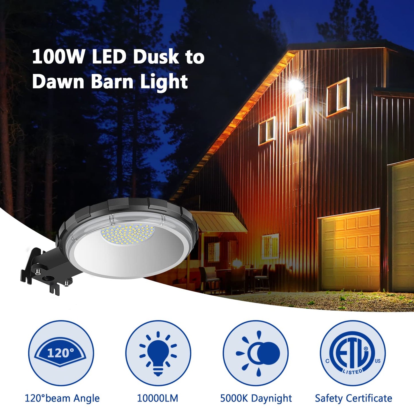 Karjoefar LED Barn Light, Dusk to Dawn Outdoor Lighting with 100W 10000LM 5000K Daylight, IP65 Waterproof Outdoor Security Flood Lights for Garage Yard Street Warehouse Use