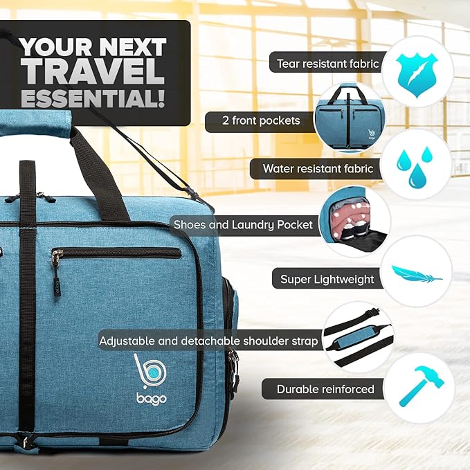 Bago Foldable Duffel Bags for Traveling Women & Men - 60L Medium Packable Duffle Bag for Travel with Shoe Compartment - Water Repellant, Heavy Duty, Lightweight Folding & Collapsible (SnowBlue)