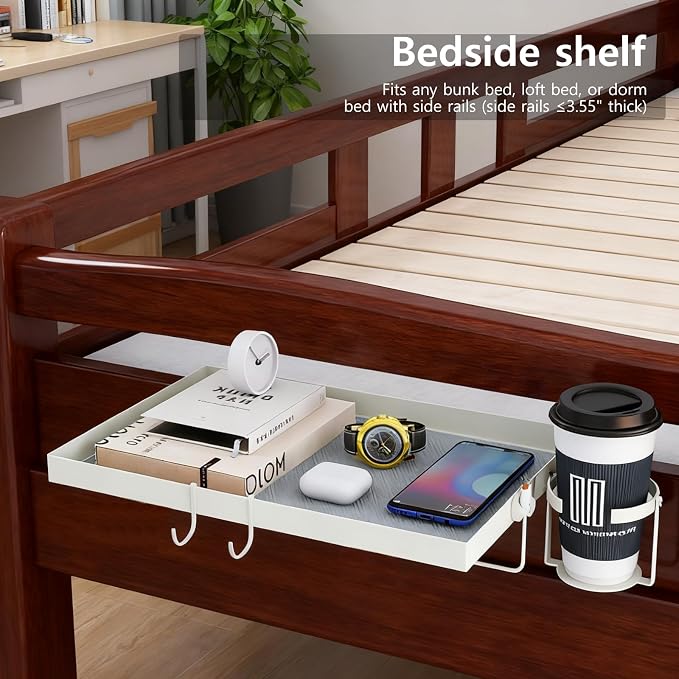 Metal Bedside Shelf for Dorm Room Bunk Bed & Top Bunk, Dorm Room Essentials, Bed Side Table Tray Organizer (White)