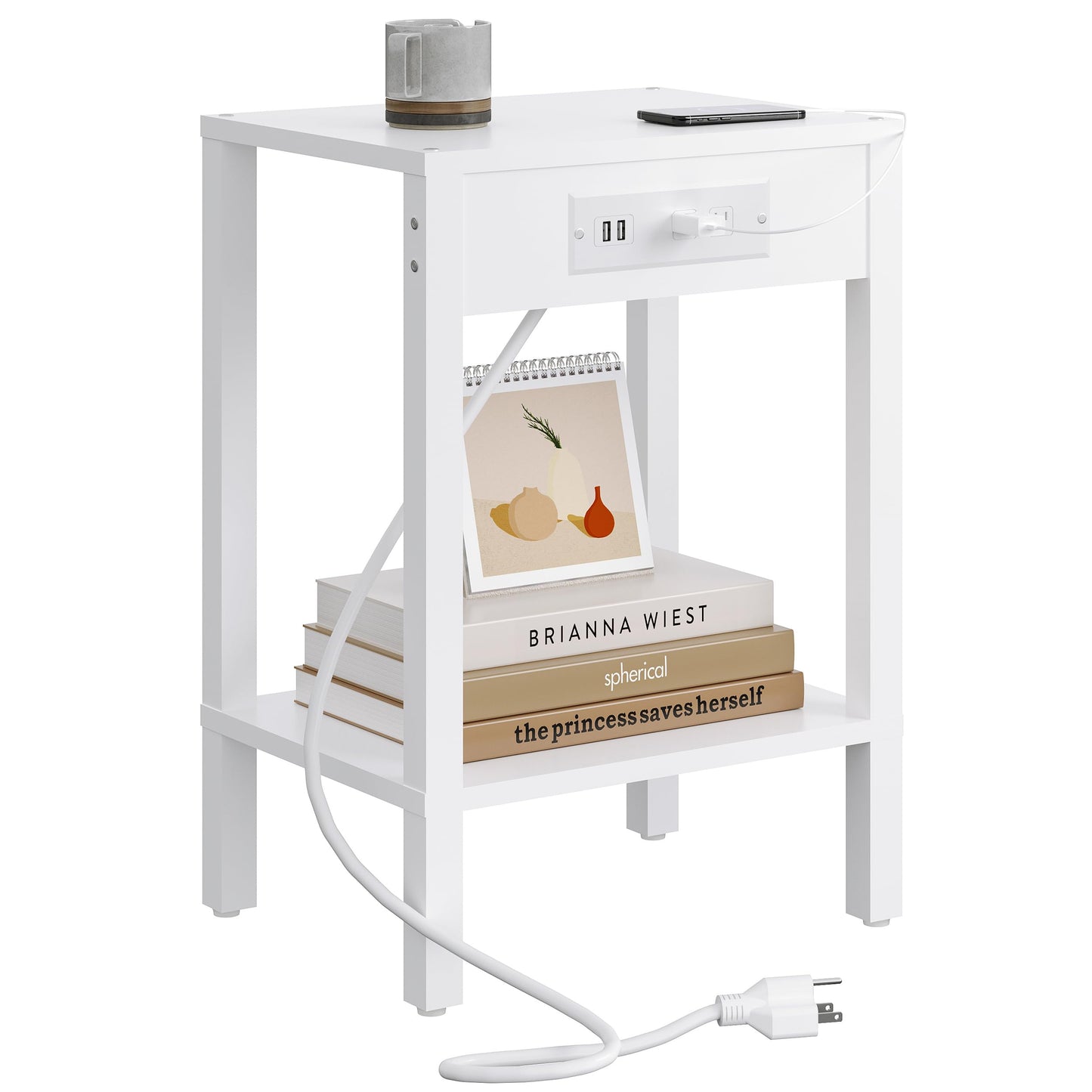 End Table with Charging Station, 2-Tier Nightstand with Storage Shelf,Modern Side Table,Bedside Table for Small Space in Living Room, Bedroom, Sofa Couch and Balcony, White MLBZ14WE