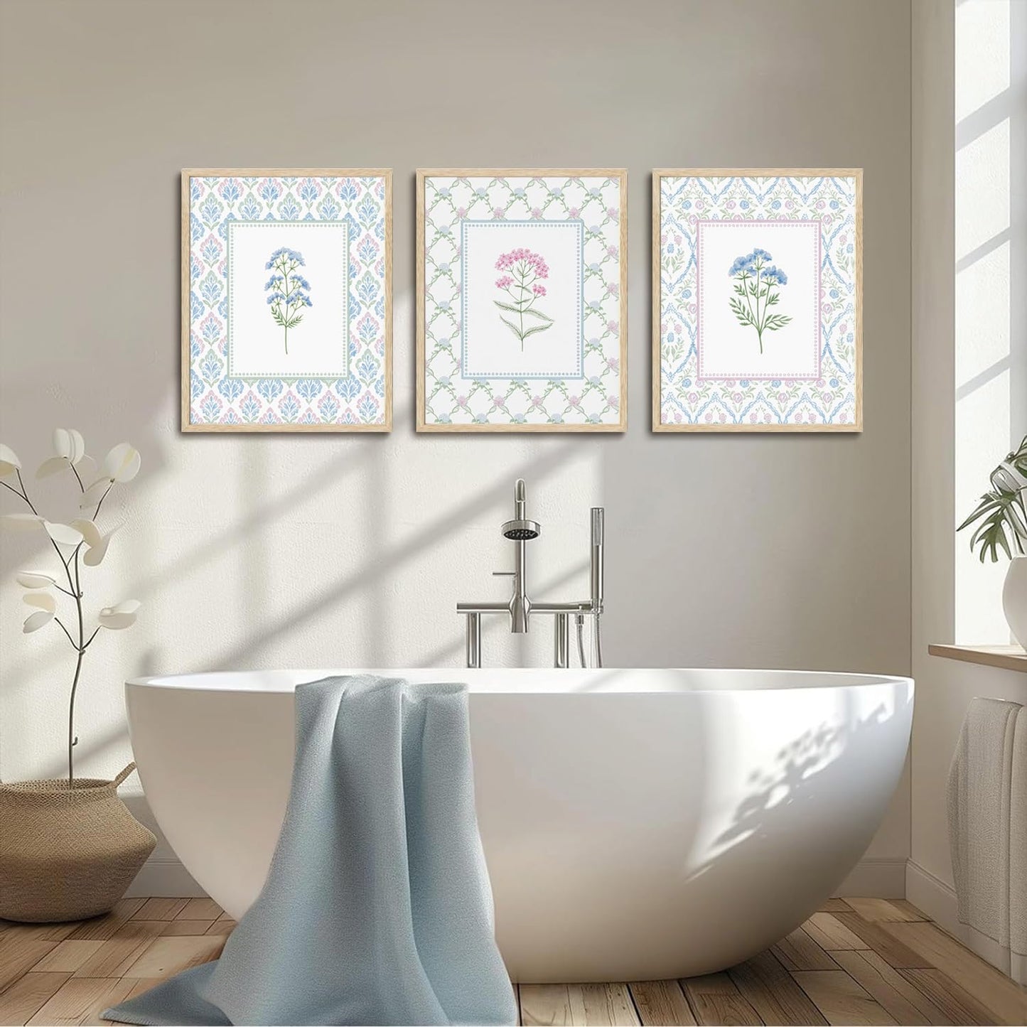 CHMMART 3 Piece Pastel Wildflower Framed Wall Art Nursery Floral Canvas Art Prints Pink Blue Botanical Pictures Wall Decor Boho Flower Painting Artwork for Bedroom Bathroom 12x16in