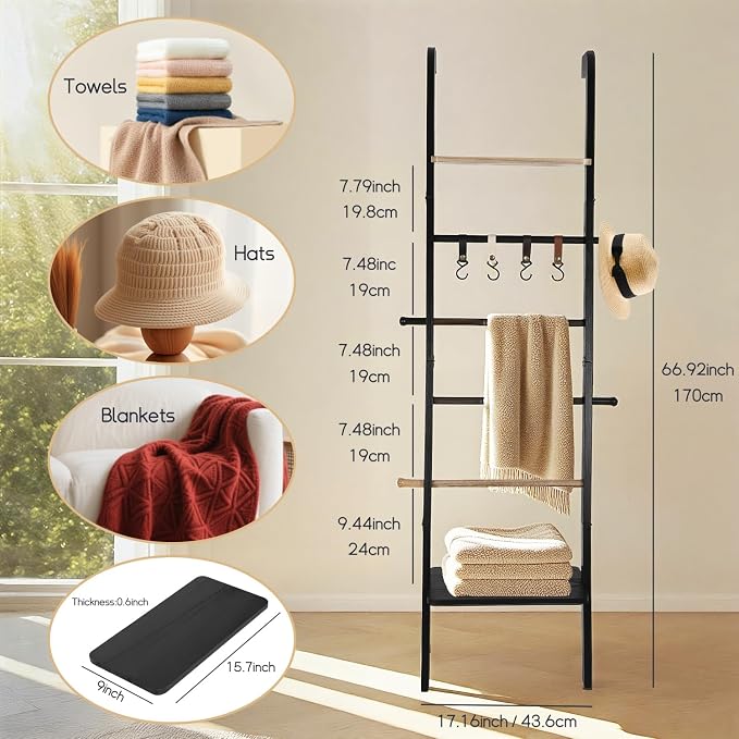 Wooden Ladder with Shelf for Decor, 6-Tier Decor Ladder with Non-Slip Mat & Hooks, Farmhouse Style Leaning Wall Display Holder, Black
