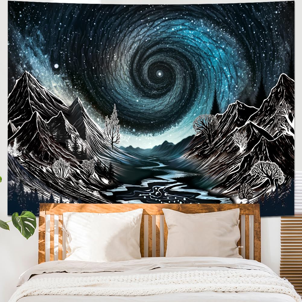 Maccyafst Black and White Mountain Tapestry Trippy Galaxy Stars Tapestries Magical Starry Night Tapestry Sketched Forest Trees Wall Hanging Nature River Landscape Background for Bedroom