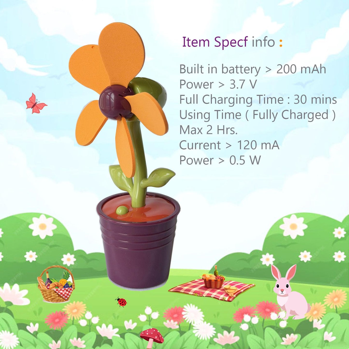 Mini Rechargeable Flower Pot Fan, Includes 2 EVA Blades (1 Purple and 1 Orange) USB-C Charging, 200mAh Battery, Decorative Desktop Fan,