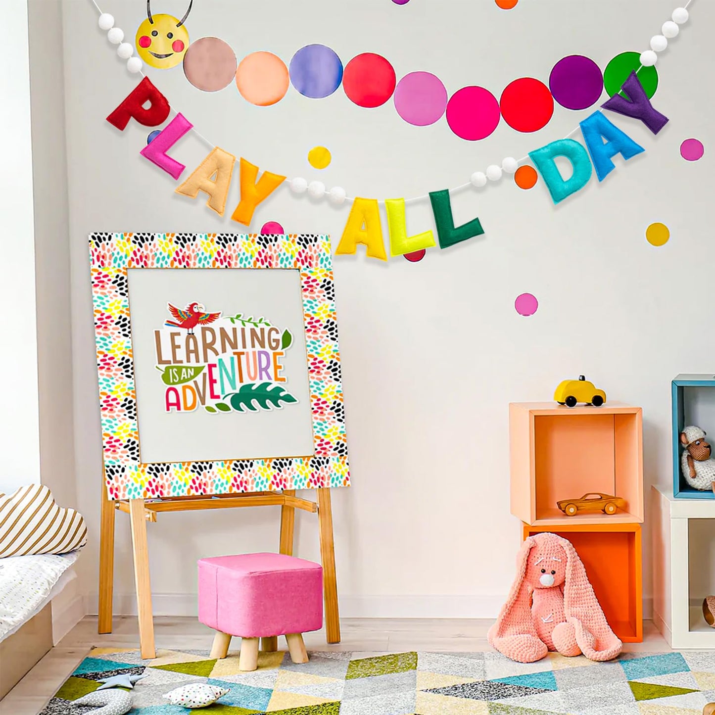 Pre-Strung Rainbow Play All Day Felt Banner Reusable Play Sign Play All Day Wall Hanging Felt Garland for Kids Nursery Playroom Wall Decor Boys Girls Playhouse Decor Toy Room Classroom Decoration