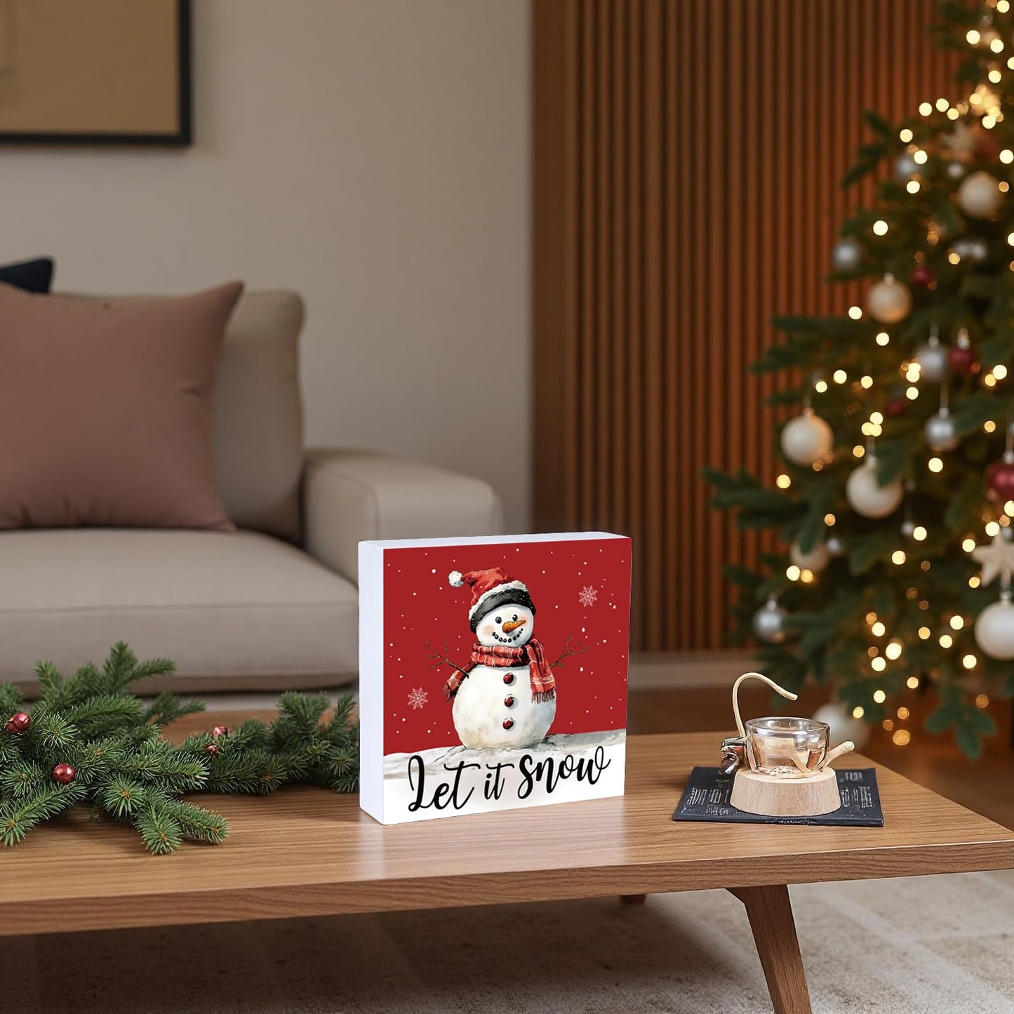 Christmas Table Decorations Christmas Decor Indoor Home Room Winter Snowman Let It Snow Office Bathroom Wood Box Sign Rustic Wooden Shelf Desk Decor Season Sign House Warming Gifts 5.9 x 5.9 Inch