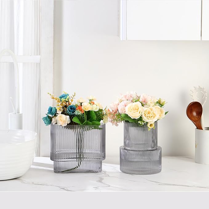 Black Glass Vases, Set of 2 Ribbed Vases for Flowers, Black Vase for Tulips, Modern Glass Vase for Living Room, Dining Table, Office, Entryway, Mantle, Bookshelf, Wedding Gifts