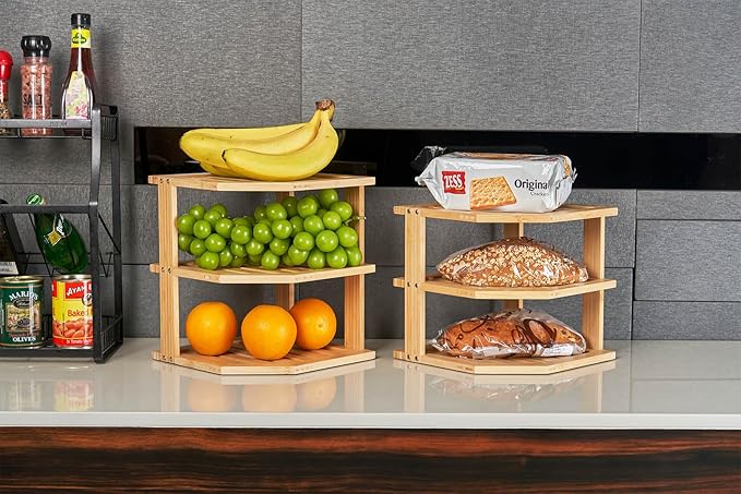 Umilife Plate Organizer for Cabinet, Bamboo Corner Shelf, Dish & Bread Organizer, Spice Rack, Kitchen Bathroom Countertop Storage Organization Space Saver