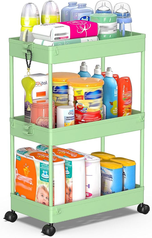 SPACEKEEPER Green 3-Tier Rolling Storage Cart, Bathroom & Kitchen Organizer, Modern Plastic Frame, Adjustable Shelves