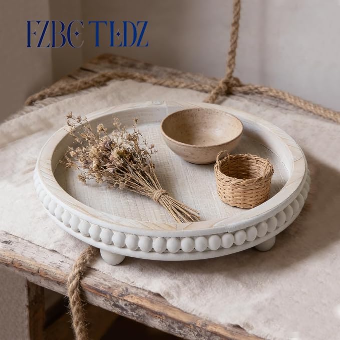 Decorative Coffee Table Tray, 12 Inch White Washed Wooden Beaded Tray with Removable Legs, Rustic Farmhouse Centerpiece Tray for Living Room, Kitchen Counter Decor