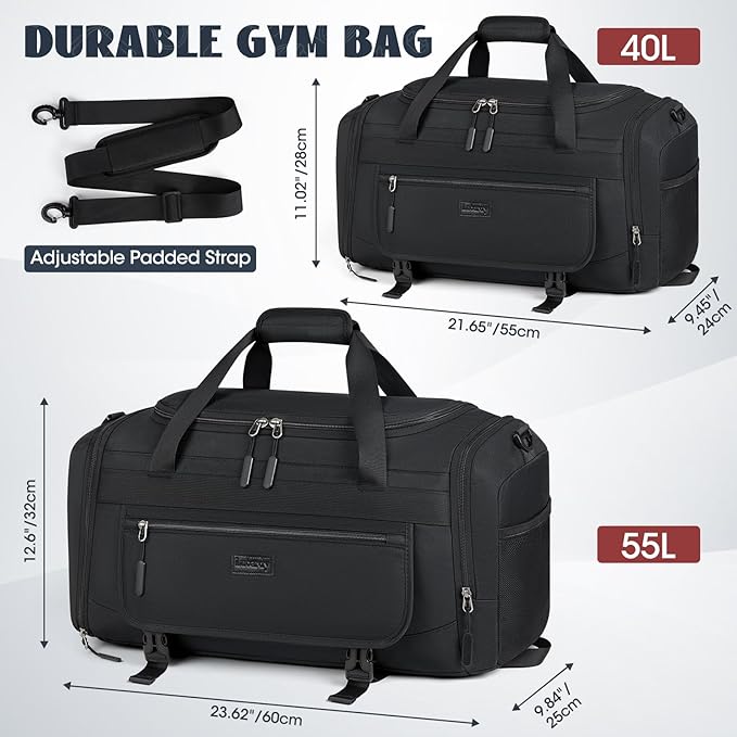 IGOLUMON Gym Bag for Men 55L Sports Duffel Bags Gym Duffle Bag Women with Shoe Compartment & Wet Pocket Water Resistant Travel Duffel Bag Lightweight Weekender Overnight Bag Black