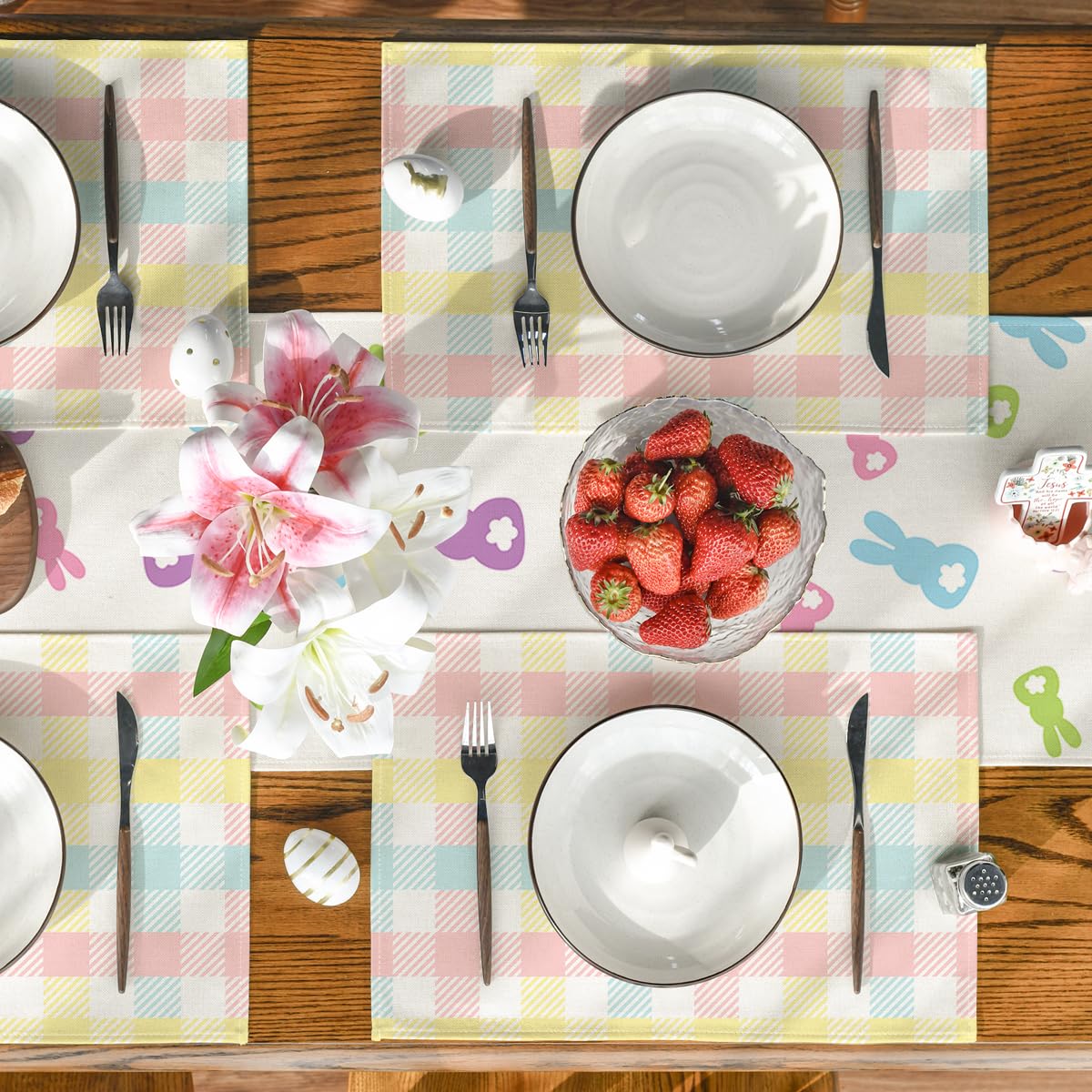 Artoid Mode Blue Pink Yellow Buffalo Plaid Placemats Set of 4, 12x18 Inch Seasonal Easter Table Mats for Party Kitchen Dining Decoration