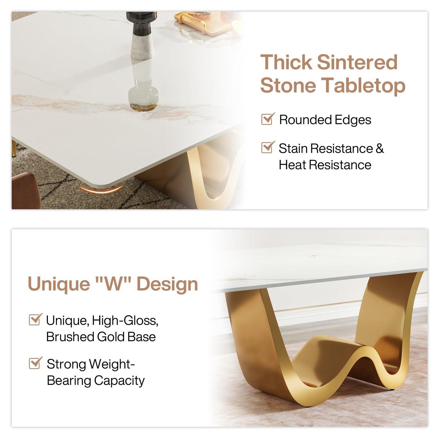 Tribesigns 78.74" Sintered Stone Dining Table for 6-8, Modern Rectangle Dining Table, Luxury White & Gold Kitchen Table with Stone Slate Katakin Tabletop & W-Shaped Stainless Steel Base (Only Table)