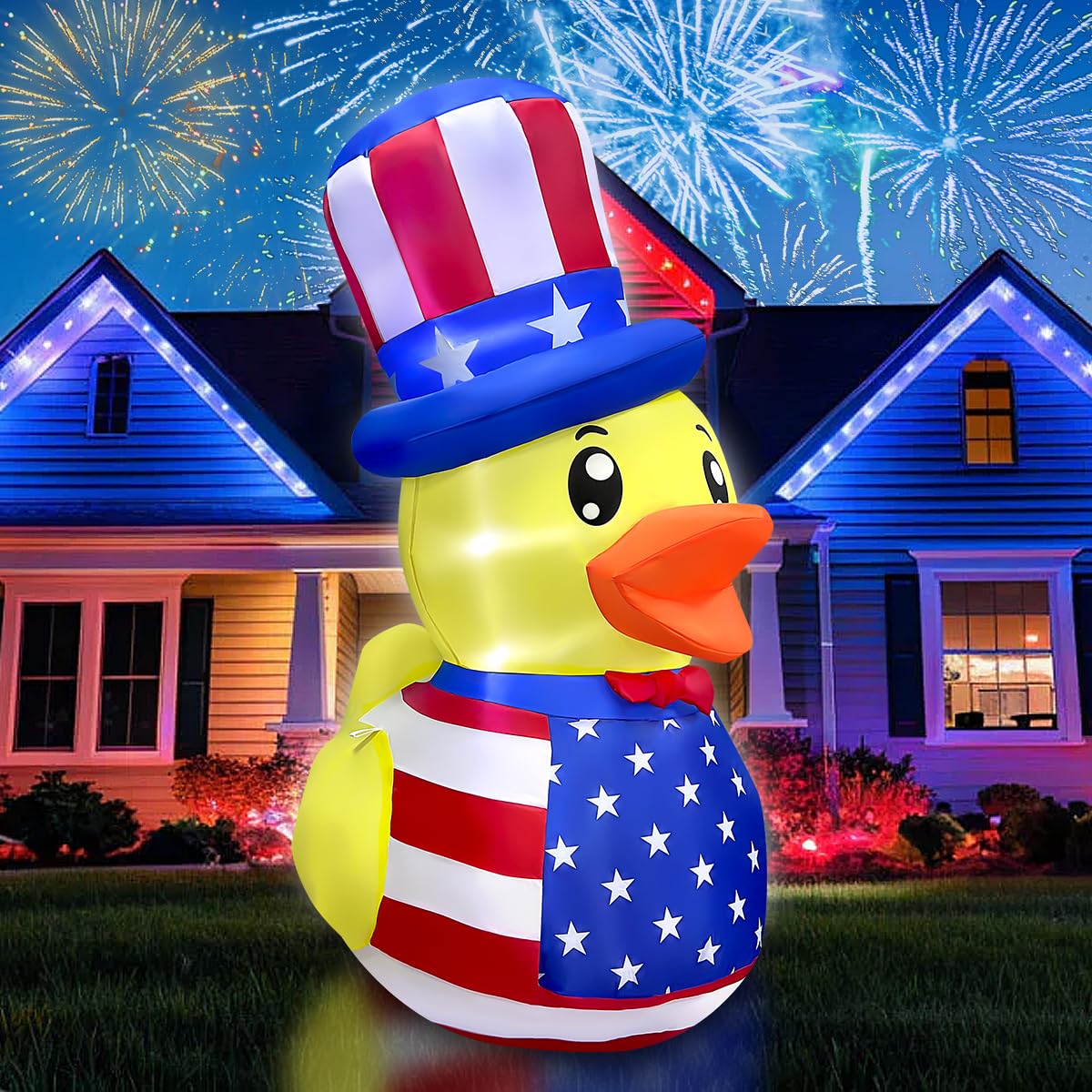 5FT Patriotic Independence Day 4th of July Inflatable Duck Decorations Outdoor Decor with Built-in LED Lights Blow Up Yard Decoration for Holiday Patriotic Party
