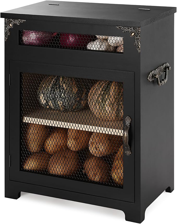Mini Potato and Onion Storage Bin - Wooden Storage Box for Kitchen Countertops, Vegetable Storage Bins, 12.2" W x 6.5" D x 16" H (Black)