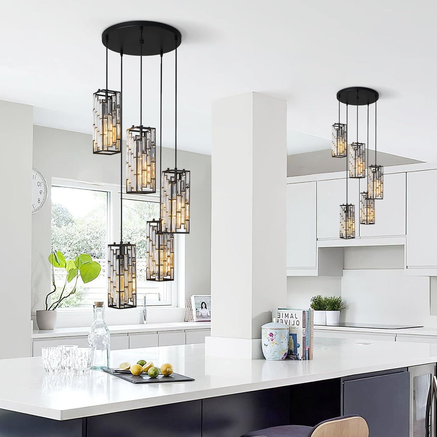 FDPBY Black Pendant Lighting Modern Pendant Light, Mini Crystal Chandeliers,Adjustable Pendant Light Fixture for Kitchen Island Dinning Room Bedroom (5 Light)