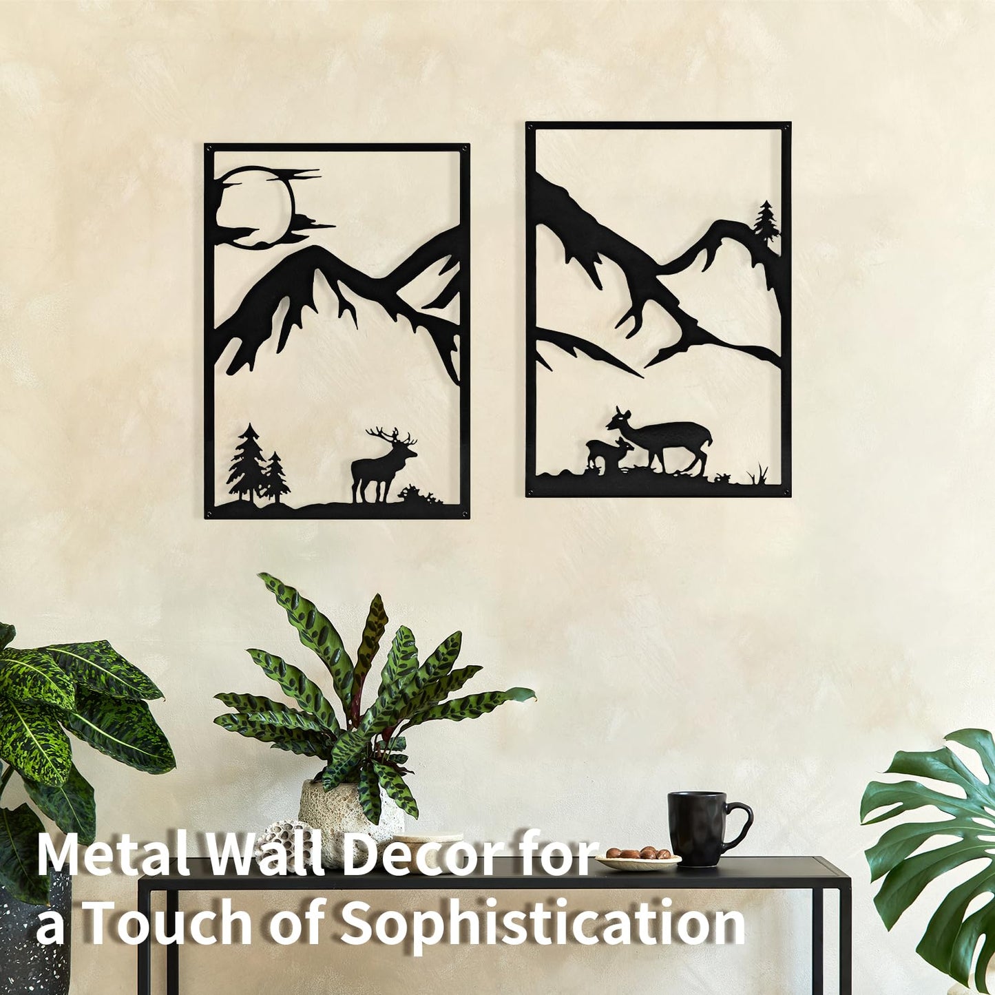 LONGKING 4 Pack Metal Wall Art, Mountain Iron Wall Sculpture, Art Wall Décor for Office, Dining Room, Living Room, Bedroom (Black, 17 x 12 in)