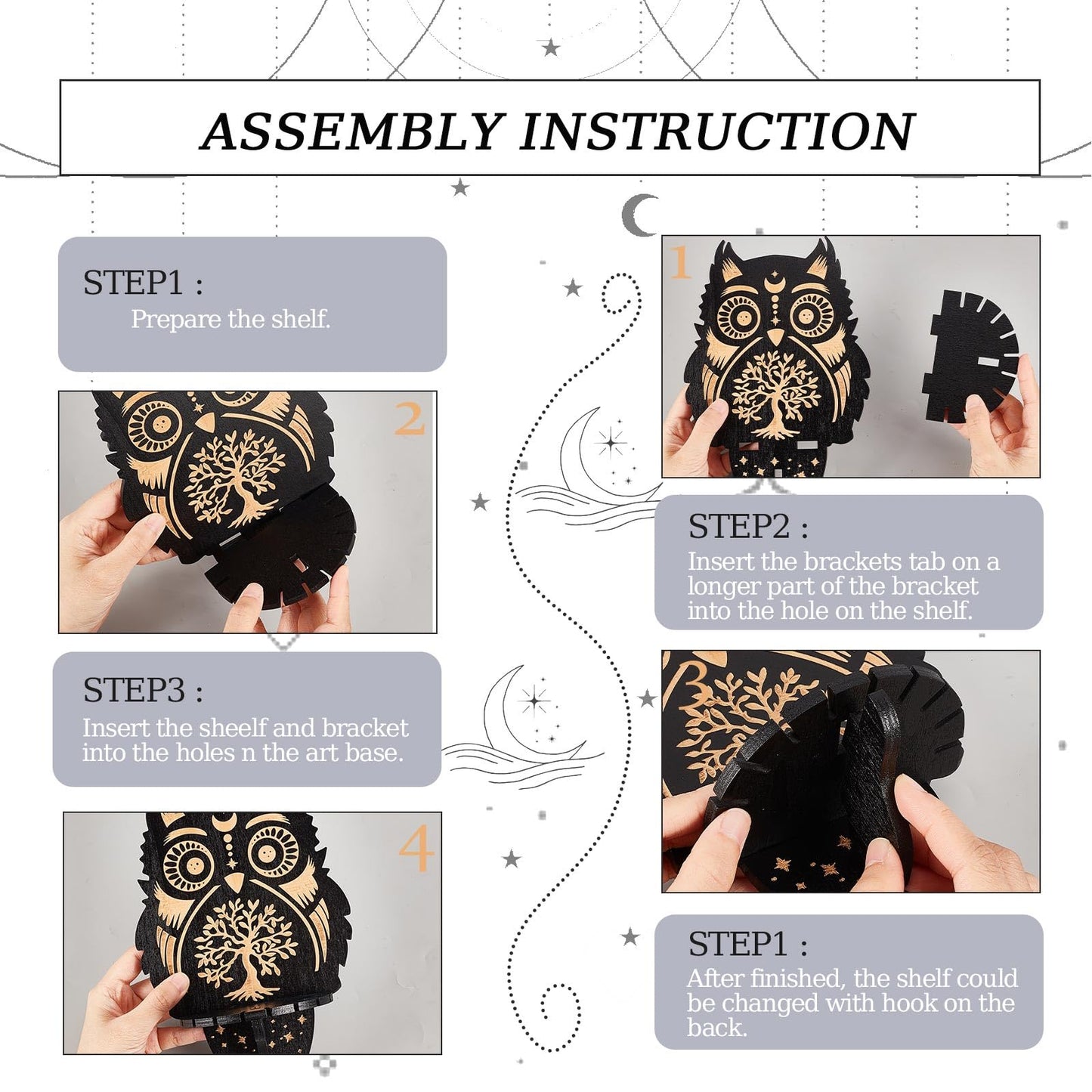 CREATCABIN Crystal Display Shelf Wooden Crystal Wall Shelves Owl Tree of Life Wall Decor Floating Holder Storage Shelf Hanging Altar Witchy Stuff for Stones Essential Oil Spiritual Gift Black 8x6Inch