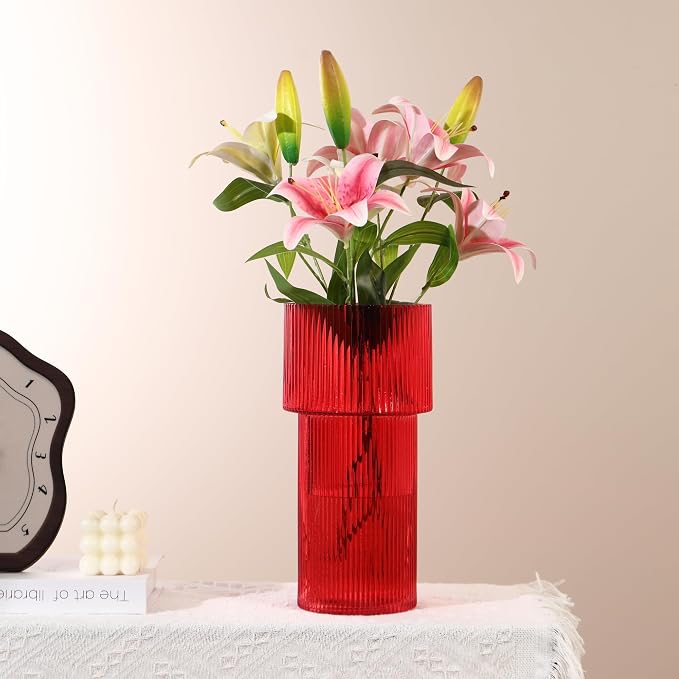 Red Glass Vase, 12 Inches Tall Vase for Flowers, Large Flower Vases for Bouquet, Modern Red Glass Vases for Living Room, Dining Table, Office, Entryway, Mantle, Shelf, Wedding Gifts