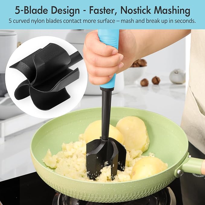 Ourokhome Meat Chopper and Potato Masher, Heat Resistant Nylon Ground Beef Smasher for Hamburger, 5 Curved Blades Nonstick Safe Mixer & Stirrer Practical Kitchen Gadgets, Teal