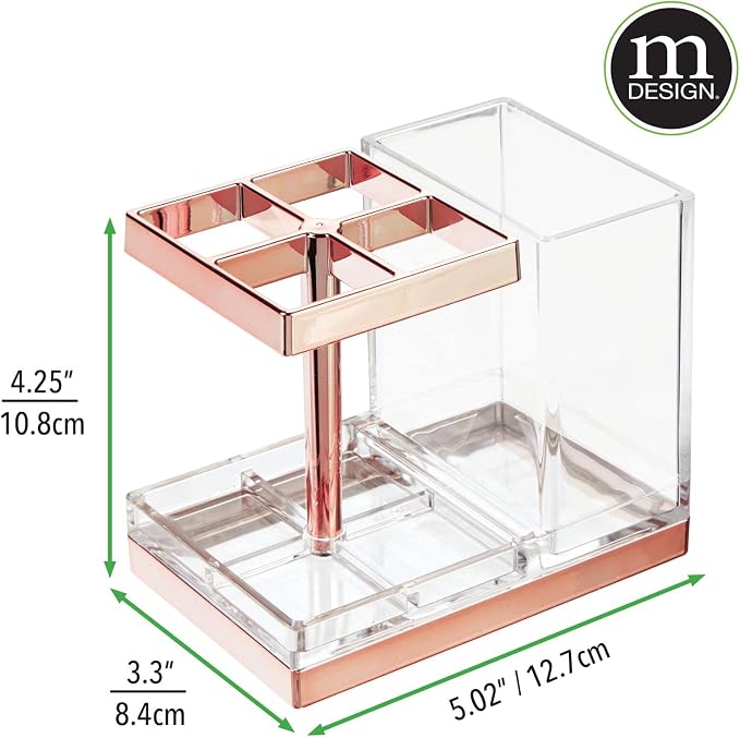 mDesign Plastic Toothbrush and Toothpaste Storage Organizer Holder - Home Decor for Bathroom Countertop - Holds Toiletries and Beauty Accessories - Lumiere Collection - Clear/Rose Gold