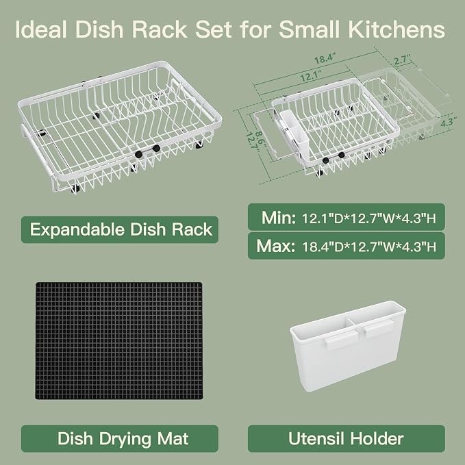 MAJALiS White Dish Drying Rack Over The Sink with Utensil Holder, Mat | Expandable Stainless Steel Dish Drainer for Small Kitchen, Apartment, RV, Counter Space Saving, Perfect Fit, Rustproof