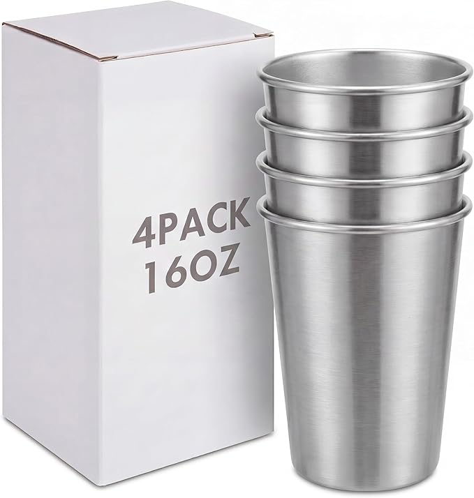 Mimorou 4 Pack 16 oz Stainless Steel Pint Cups Metal Cups Unbreakable Drinking Water Tumblers Stackable Tumbler for Adults Bar Home Restaurant Travel Picnic Camping Outdoor (Silver)