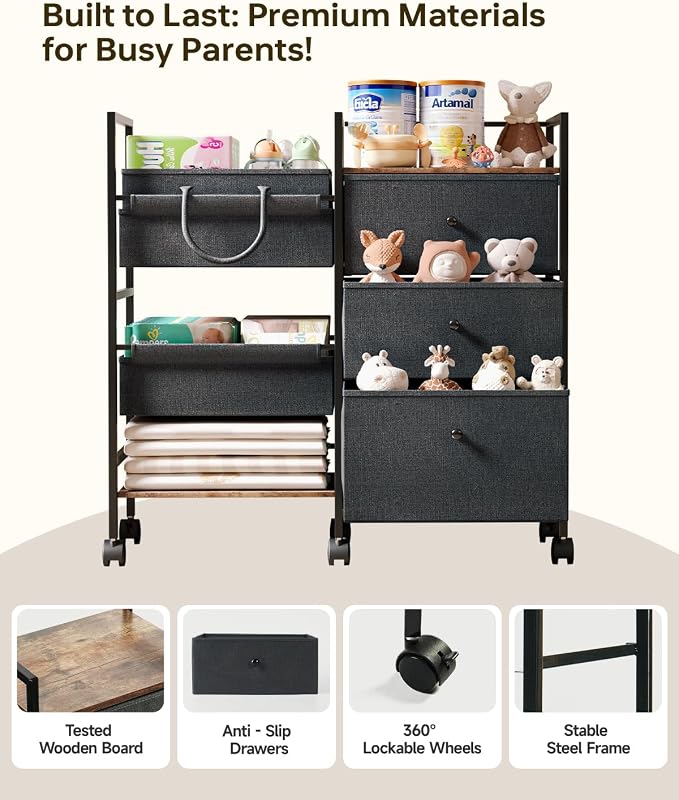 2-in-1 Baby Diaper Caddy Organizer and Storage-3 Tier Rolling Baby Cart with Dividers and Drawers, Baby Essentials for Nursery Storage, Mobile Utility Cart with Wheels Large Capacity Easy To Assemble
