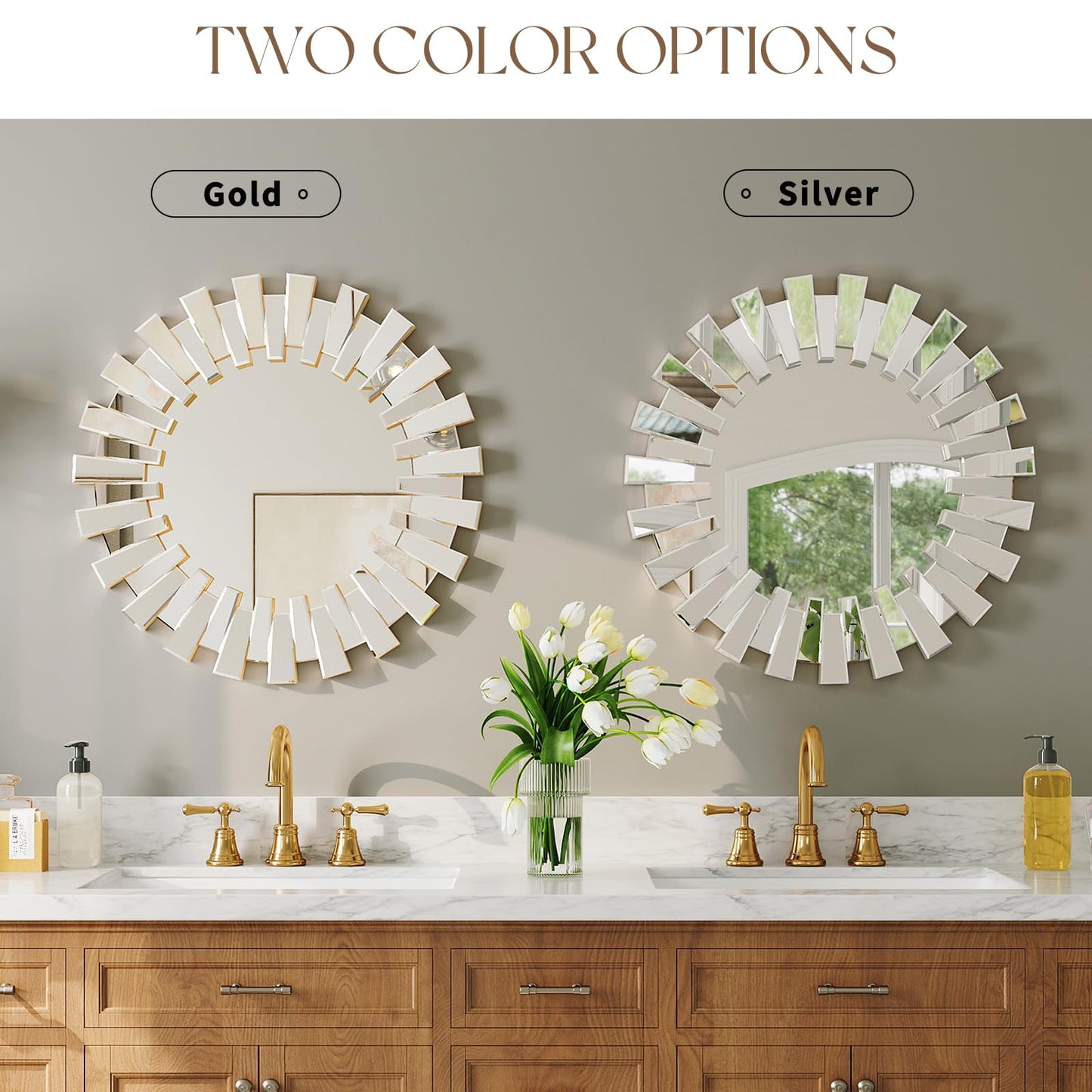 Uniclinens Gold Sunburst Mirror 26" - Decorative Wall Mirror Large, Round Modern Bohemian Sun Decor for Bedroom Living Room Hallway Bathroom Entrance