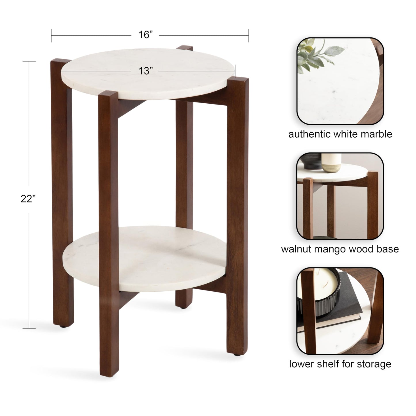 Kate and Laurel Moxley Transitional Round Side Table; 16 x 16 x 22; White Marble and Walnut Brown; Tiered Pedestal Table with Authentic Marble Tabletops for Bedroom Nightstand or Indoor Plant Stand