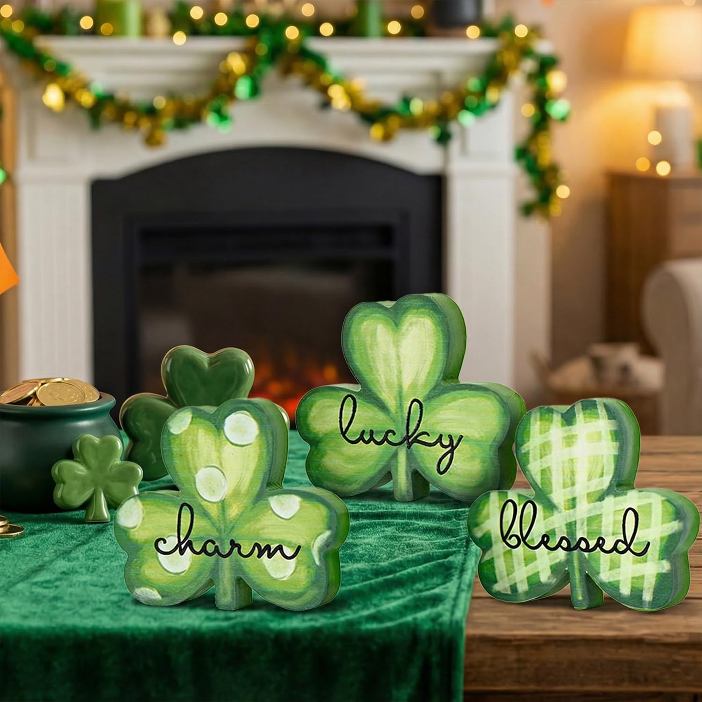 Smile St.Patrick's Day Wooden Shamrock Block Decor Set of 3 Lucky Blessed Charm Clover Ornaments, Tabletop Shelf Lucky Decoration
