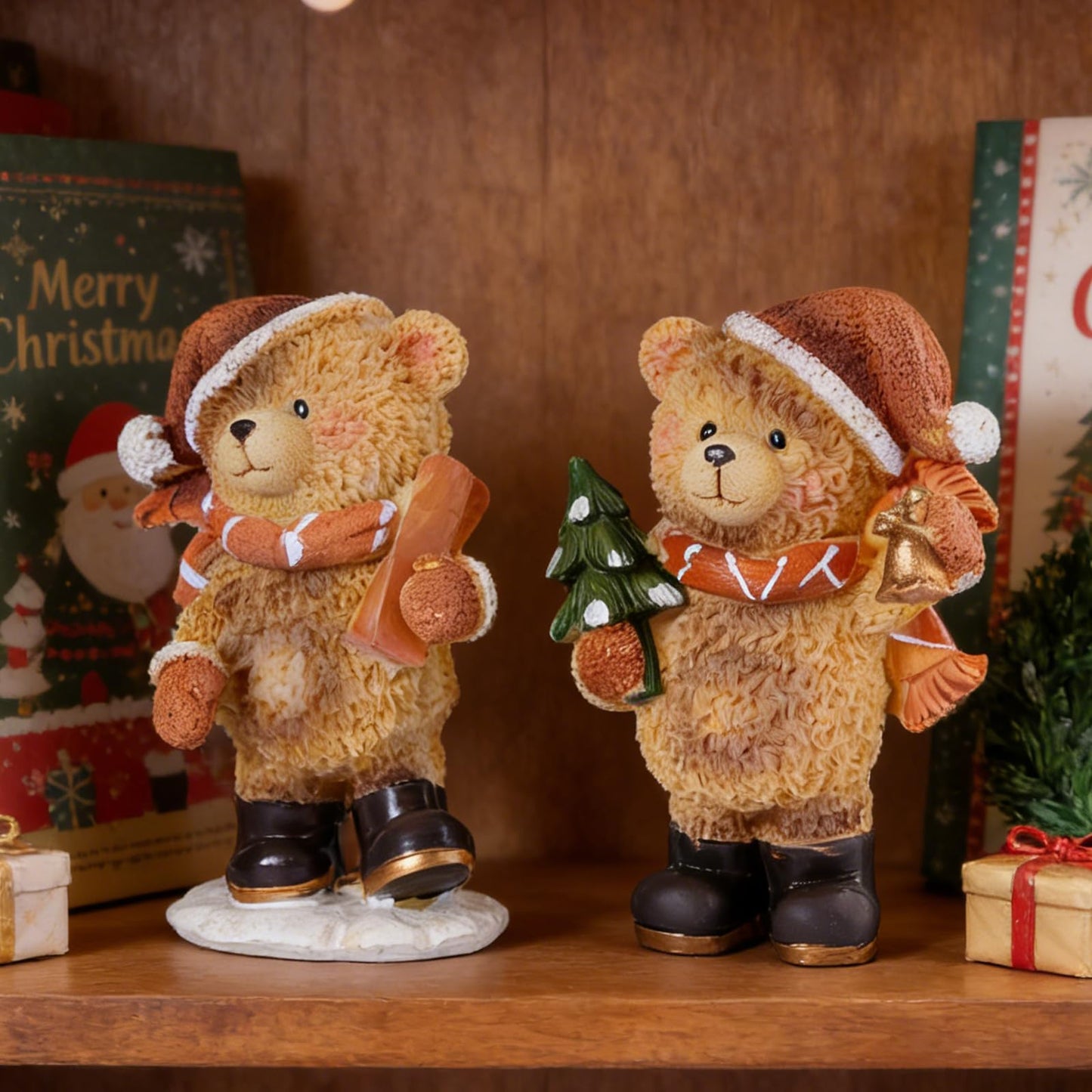 Brizoria Set of 2 Small Teddy Bear Figurines Resin Christmas Bear Decor Winter Tabletop Statue Cute Animal Teddy Bear Decorations for Home Mantel Shelf Living Room Little Bears Ornament