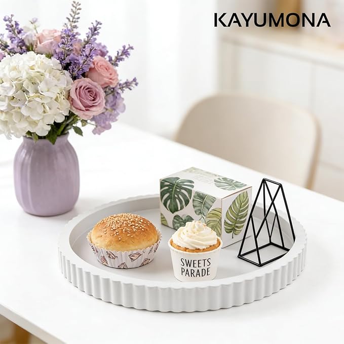 Modern Decorative Tray for Coffee Table, 11" Wooden White Round Small Decor Tray for Candle, Perfume, Vanity, Kitchen Island Counter & Table Centerpiece